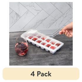 (4 pack) Plastic Ice Cube Tray with 14 Ice Cube Molds and Removable Lid, White
